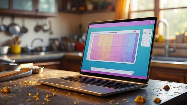 Laptop displaying a colorful scheduling application on a kitchen table illuminated by warm sunlight in the afternoon photo