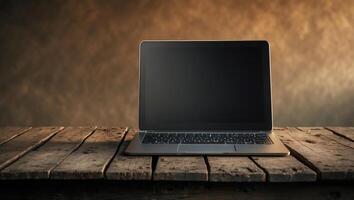 A sleek laptop sits on a rustic wooden table against a warm, gradient background in a tranquil environment photo