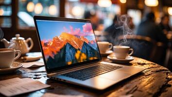 Coffee and work blend harmoniously at a cozy cafe with mountain views and warm ambiance during the early morning photo