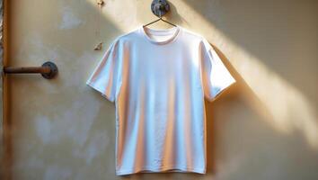 Simple white shirt hanging on a wall in soft afternoon light, highlighting its texture and color photo