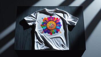 Colorful design on white t-shirt displayed on dark wooden surface illuminated by dramatic lighting photo
