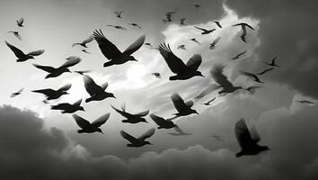 Flock of birds soaring through a cloudy sky at twilight in black and white tones photo