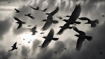 Birds flying through a cloudy sky at dusk, creating a dramatic silhouette against the fading light photo