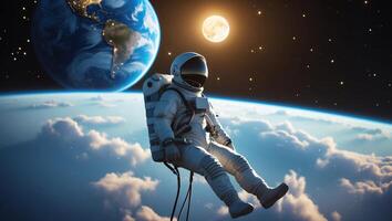Astronaut floating in space while Earth and the moon shine brightly in the background during a clear cosmic evening photo