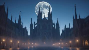 St. Vitus Cathedral illuminated by a full moon in a misty night setting in Prague photo