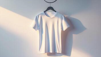 White t-shirt hanging on a hanger against a soft light background in a minimalistic setting photo