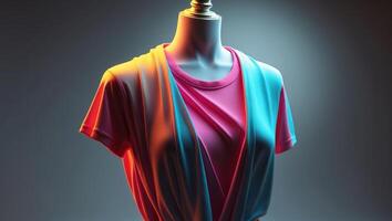 Stylish mannequin displays colorful modern apparel under dramatic lighting in a studio setting photo