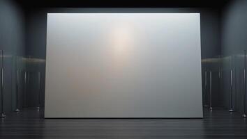 Large blank canvas installed in a minimalistic gallery space with subtle lighting photo