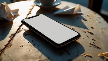 A smartphone resting on a rustic table beside a coffee cup and folded paper objects in soft sunlight photo