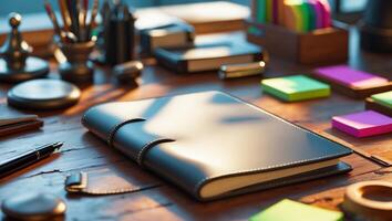 Organized workspace featuring a leather notebook, stationery, and colorful sticky notes in a well-lit setting photo