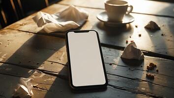 Morning light casts shadows on a smartphone and a coffee cup beside crumpled napkins on a rustic table photo