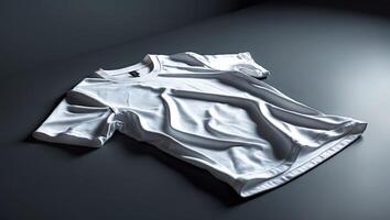 White cotton t-shirt laid on a dark surface with soft shadows in a minimalistic setting photo