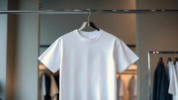 Display of a plain white t-shirt on a hanger in a modern retail store setting during daylight hours photo