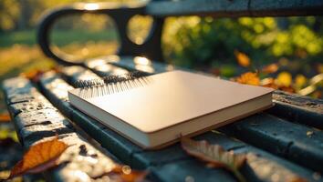 Notebook resting on a park bench surrounded by autumn leaves in the warm afternoon sunlight photo