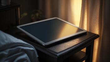 Tablet resting on a bedside table with soft sunlight filtering through curtains in a cozy bedroom environment photo