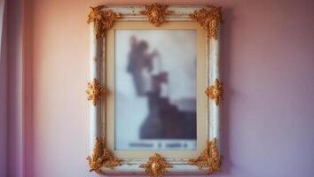 Artwork displayed in an ornate frame on a pastel wall in an art gallery setting, capturing a blurred historical moment photo