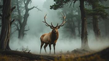 Majestic elk stands amid fog in a serene forest at dawn photo