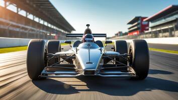 Racing car speeding on a track during a bright day with clear skies and shadows in the background photo