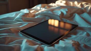 Tablet resting on a neatly made bed with soft light in the background during the evening photo