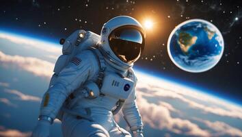 Astronaut floating in space with Earth visible in the background during a bright orbit photo