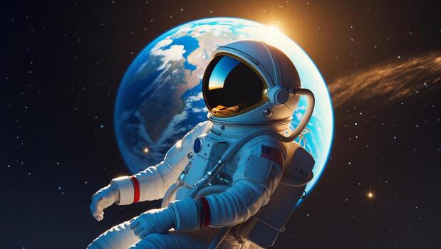 astronauta flotante en espacio con tierra en el antecedentes durante un cósmico exploración foto