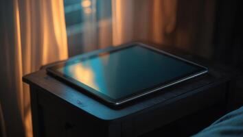 Relaxing evening with a tablet on a wooden bedside table near a window with curtains lighted by soft ambient glow photo