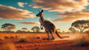 Kangaroo hopping through the Australian desert at sunset with a beautiful sky in the background photo