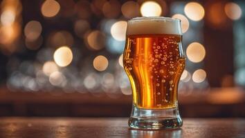 Refreshing cold beer served in a glass with bubbles against a blurred background of lights photo