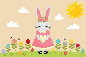 Cute Easter Bunny Enjoying an Easter Egg Hunt on a Sunny Spring Day Flat Illustration vector