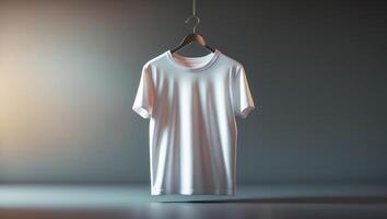 Simple white t-shirt displayed on a hanger in a minimalistic studio setting with soft lighting photo
