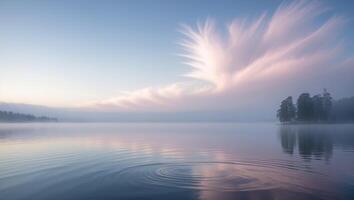 Gentle morning mist envelops a serene lake with vibrant clouds reflecting on calm waters photo