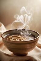 Warm and inviting bowl of coffee with swirling steam on soft fabric background in cozy setting photo