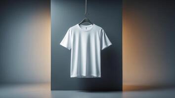 White short-sleeve t-shirt displayed in a modern, minimalistic setting with soft lighting photo
