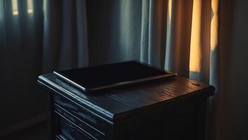 Tablet resting on a wooden table with sunlight streaming through curtains in a dimly lit room during late afternoon photo
