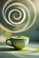 Delicate cup of matcha with swirling patterns in the background, showcasing the artistry of tea preparation photo