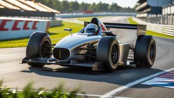 Race car speeding around a professional track on a sunny day with clear skies and a vibrant atmosphere photo