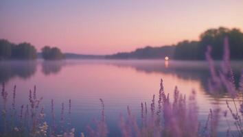 Serene twilight over a calm lake with wildflowers in the foreground at dusk photo