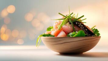 Fresh sashimi salad featuring colorful fish and garnishes served in a wooden bowl with a blurred background of light photo