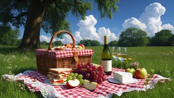 Enjoying a delightful picnic under a sunny sky in a beautiful green meadow with friends and delicious food photo