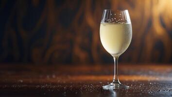 Sparkling beverage served in an elegant glass on a wooden table with a dark, textured background photo