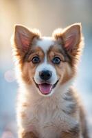 Happy corgi puppy enjoying a bright day outdoors with a joyful expression photo