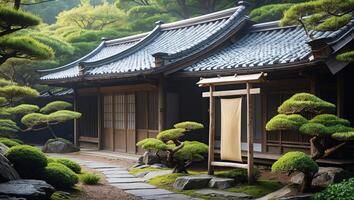 Serene Japanese garden with traditional architecture and carefully manicured bonsai trees near a tranquil pathway photo