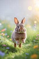 Rabbit leaps joyfully through a vibrant spring meadow filled with wildflowers under warm sunlight photo