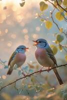 Vibrant songbirds perched on a branch greet the morning light in a tranquil forest setting photo