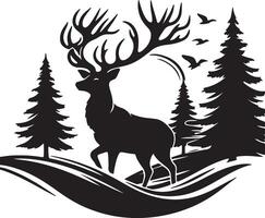 Deer in the forest with trees and birds vector