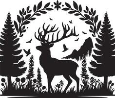 Silhouette of a deer in the forest with trees and birds vector
