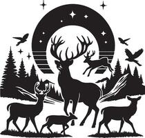 Deer and birds in the forest with the moon and stars vector