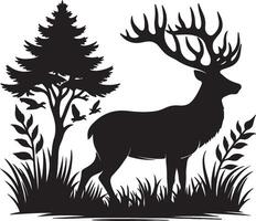 Silhouette of a deer in the forest with trees and birds vector