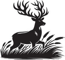 A black and white silhouette of a deer in the grass vector