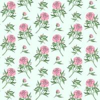 Minimalistic flowers seamless pattern. Delicate pink peony with stem and leaves, small bud on mint background. Botanical spring pattern. For wallpaper, textiles, postcards. illustration. vector